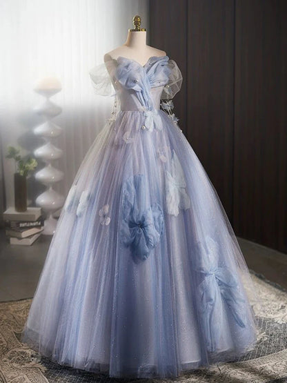 A-Line Off Shoulder Tulle Flower Long Prom Dress