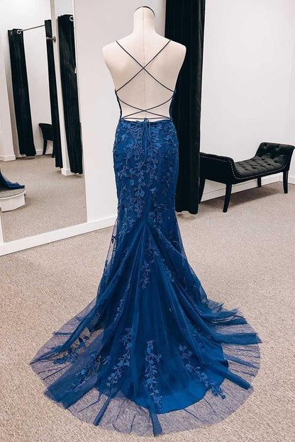 Mermaid Appliques Lace-Up Back Long Prom Dress with Slit