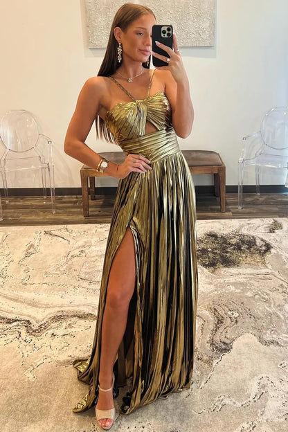 A Line Sparkly Halter Neck Long Prom Dress with Keyhole Slit