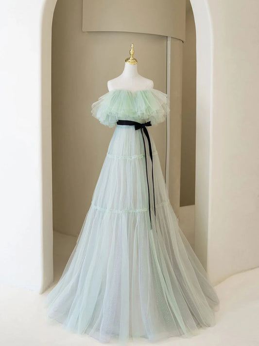 A line tulle long prom dress