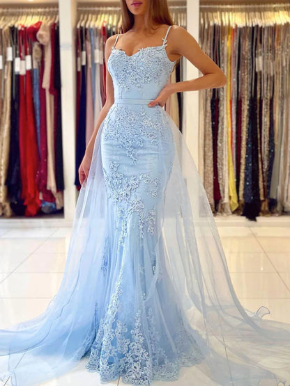 Mermaid lace tulle long prom dress