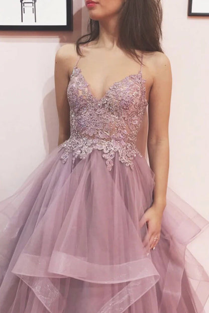 Elegant v neck tulle lace long Prom Dresses