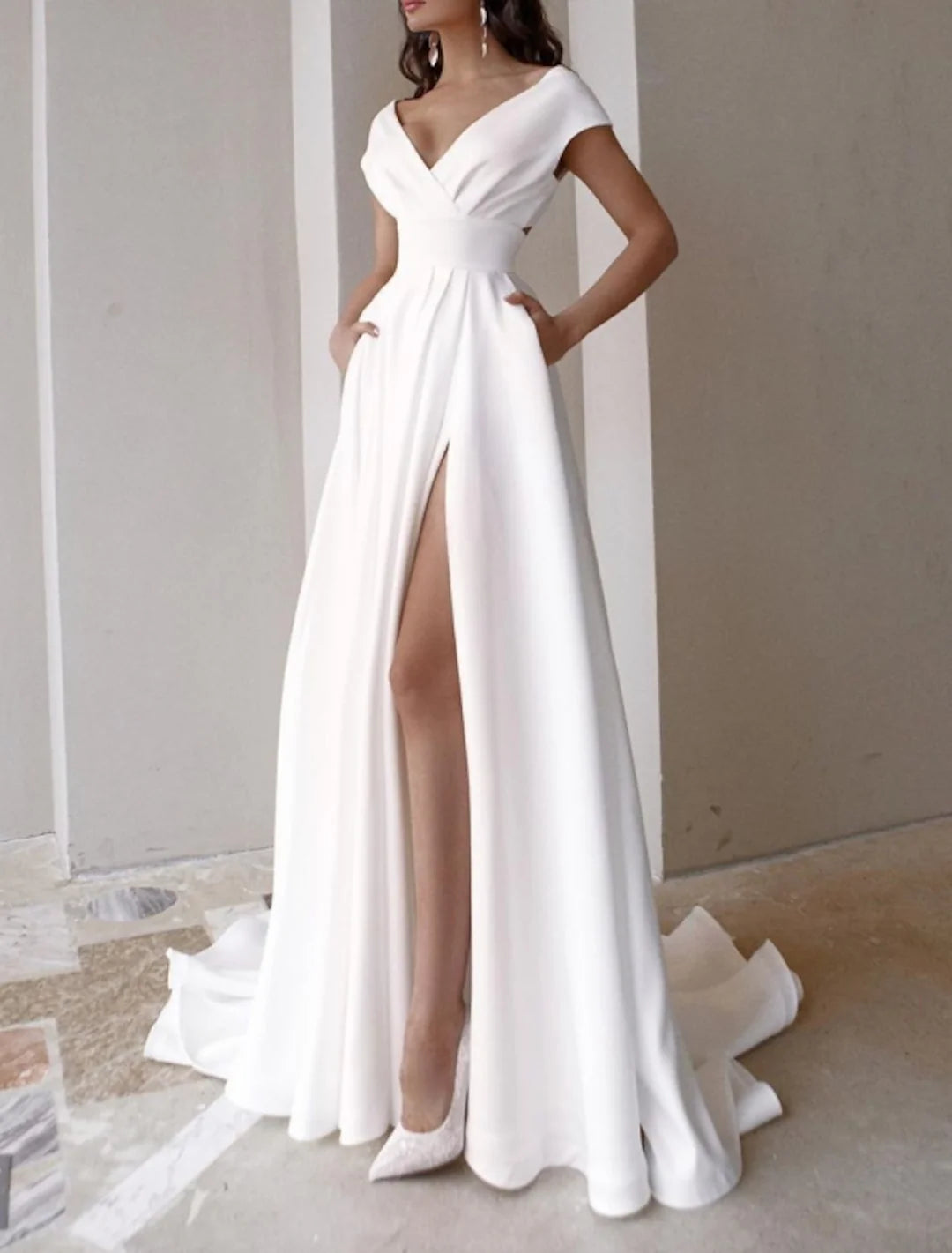 A Line V-Neck Cap Sleeve Brush Train Wedding Dresses