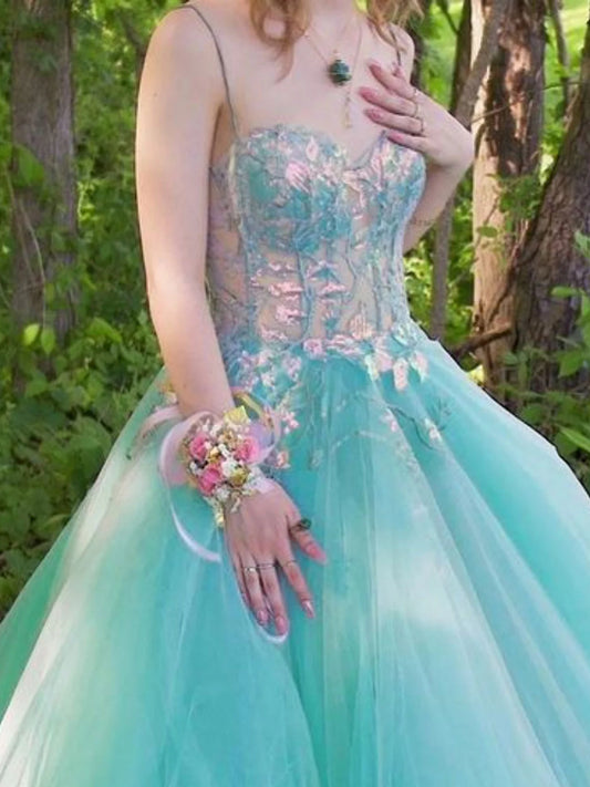 Sweetheart neck tulle lace long prom dress