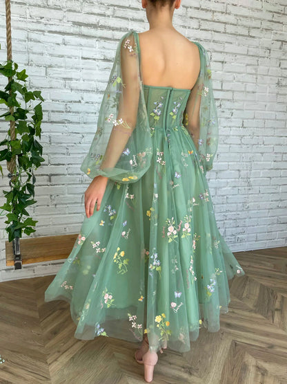 Tulle lace tea length prom dress