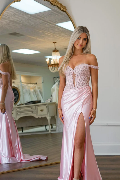 Mermaid Charming Sweetheart Pink Satin Long formal dresses evening gown Prom Dresses with Slit