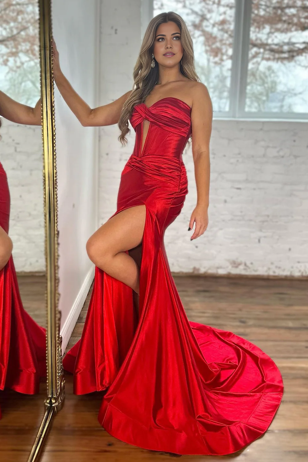 Mermaid Strapless Satin Long Prom Dress With Split