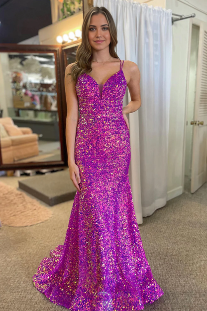 Mermaid Sparkly Purple Double Strapls Long Sequin Prom Dress