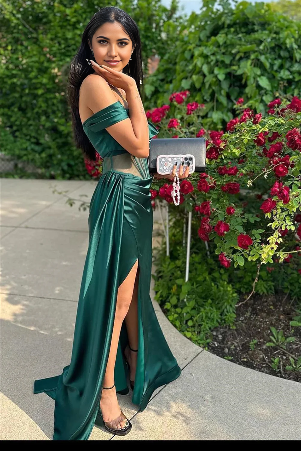 Mermaid Stylish Off the Shoulder Dark Green Corset Prom Dress with Split Front