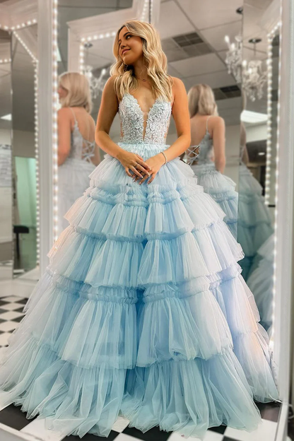 A-Line V Neck Sky Blue Ruffle Tiered Tulle evening gowns Long Prom Dress