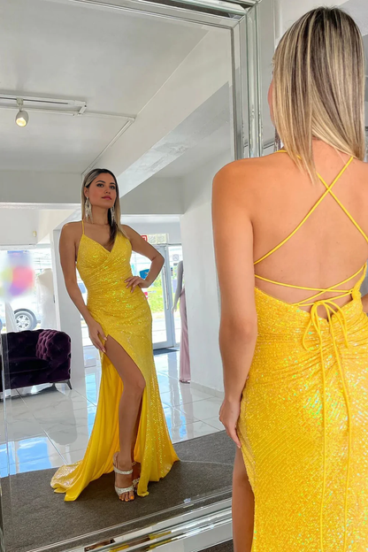 Mermaid Sparkly Spaghetti Straps Yellow Sequins Long Prom Dress with Split Front