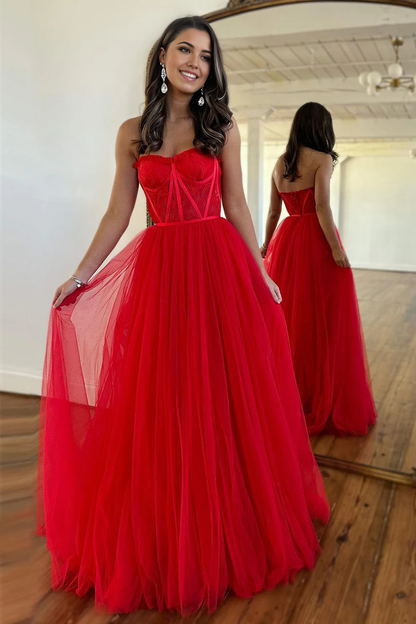 A-Line Simple Red Sweetheart Floor Length Tulle Party Prom Dress