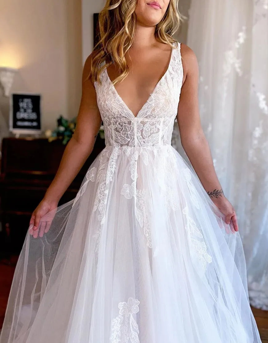 A-Line Appliques V Neck Train Wedding Dress