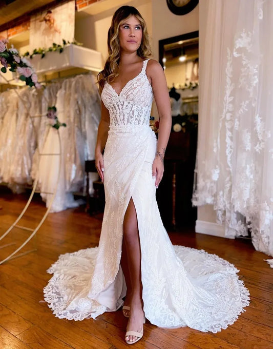 Mermaid Straps Train Lace Wedding Dress