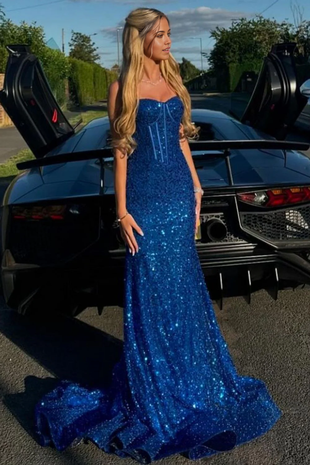 Mermaid Shiny Spaghetti Straps Long Beaded Light Blue Prom Dress