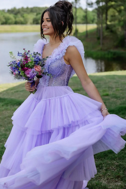 A-Line V Neck Lilac Ruffle Tiered Tulle evening gowns Long Prom Dress