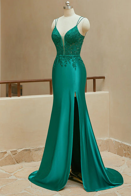 Mermaid Spaghetti Straps Satin Slit Prom Dresses