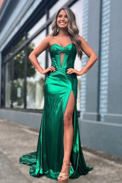 Mermaid Sparkly Sweetheart Keyhole Satin evening gowns Long Prom Dress wirh Slit