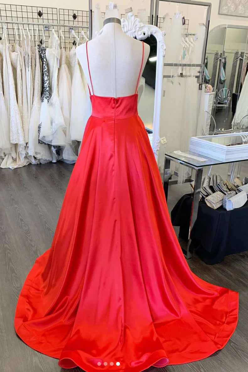 V neck satin long prom dress