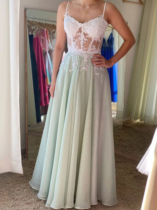 A line chiffon lace long prom dress