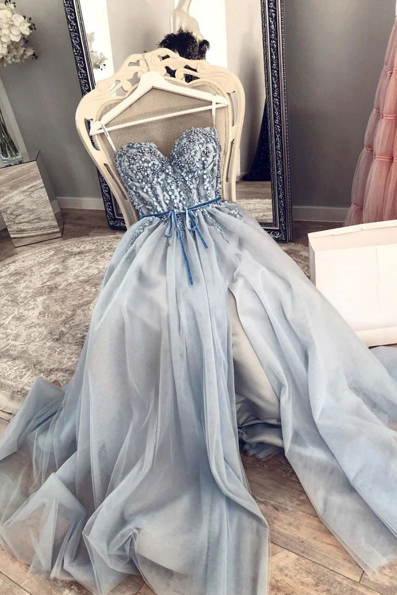 Sweetheart tulle lace long prom dress