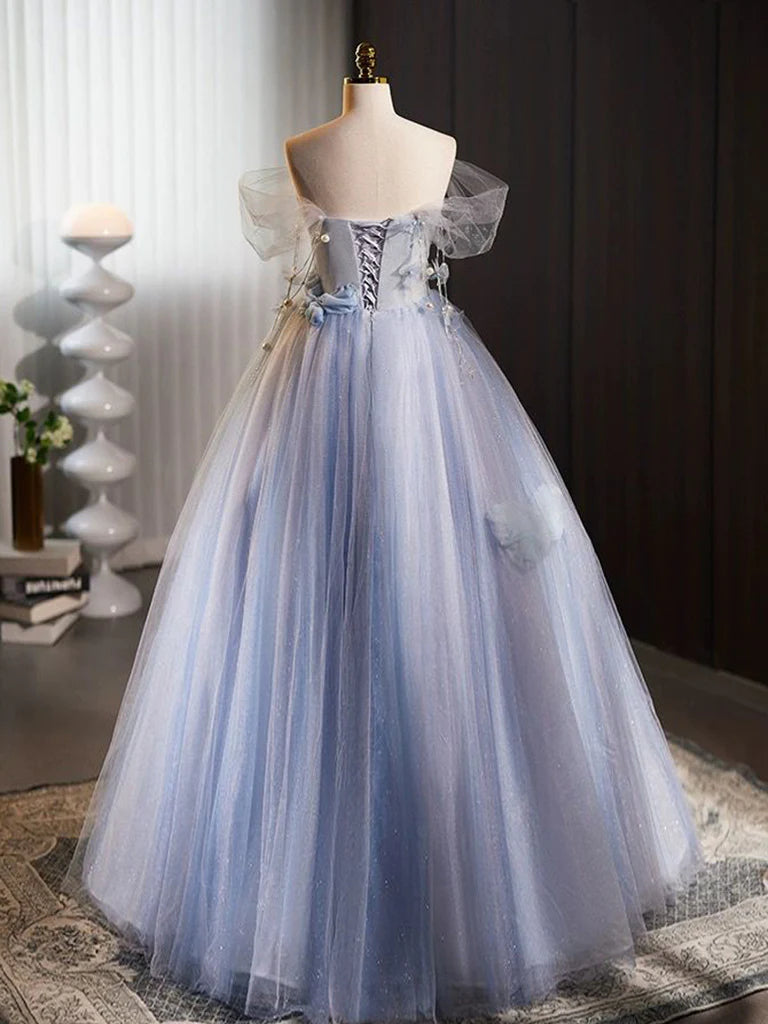 A-Line Off Shoulder Tulle Flower Long Prom Dress