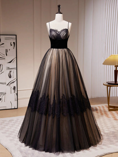 A-Line Lace Tulle Long Prom Dresses