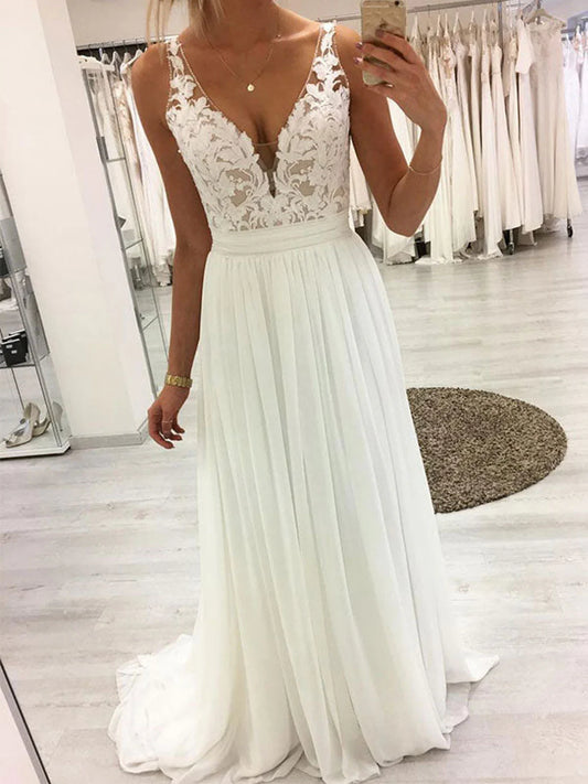 A Line V Neck Lace Long Prom Dress