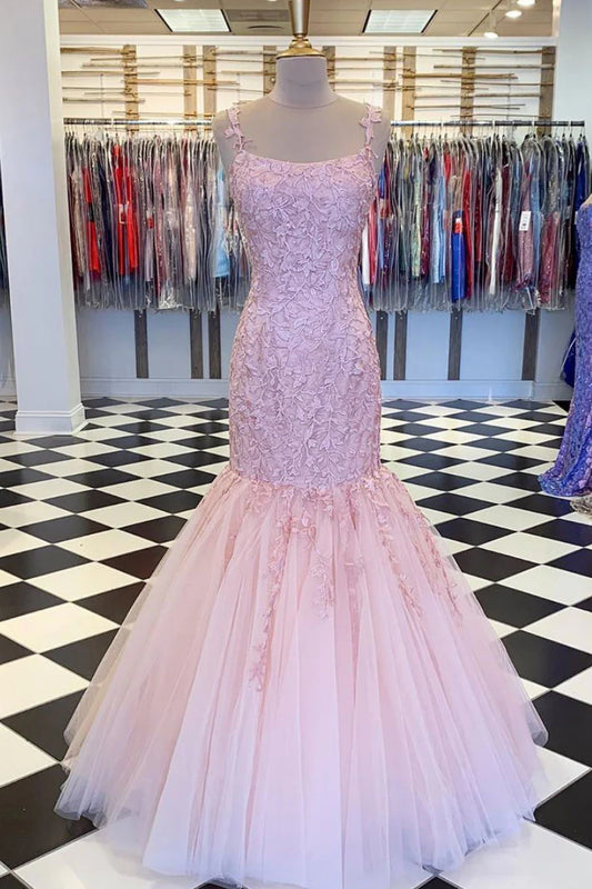 Mermaid tulle lace long prom dress