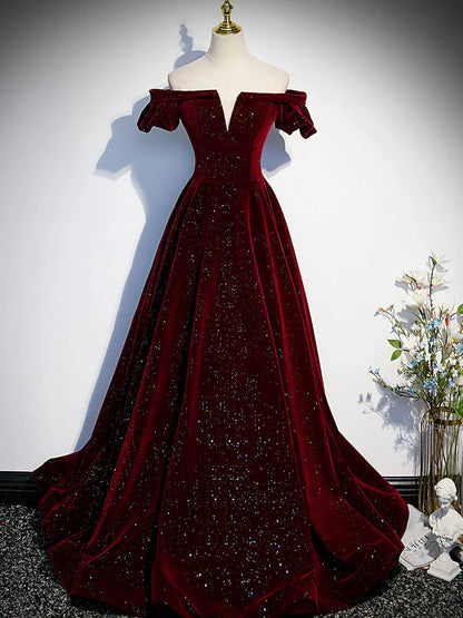 A-line Off Shoulder Velvet Long Prom Dress