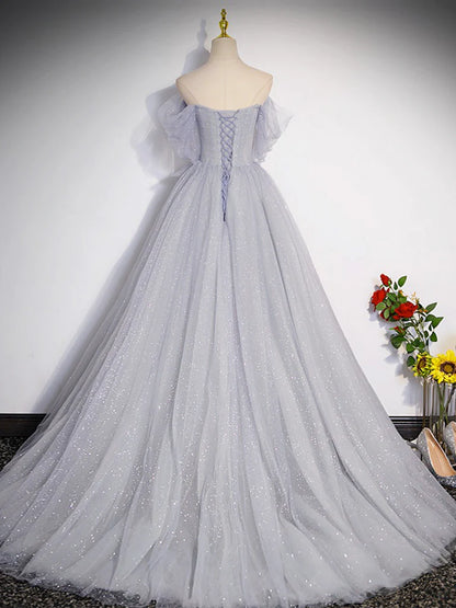 A-Line Off Shoulder Tulle Long Prom Dress