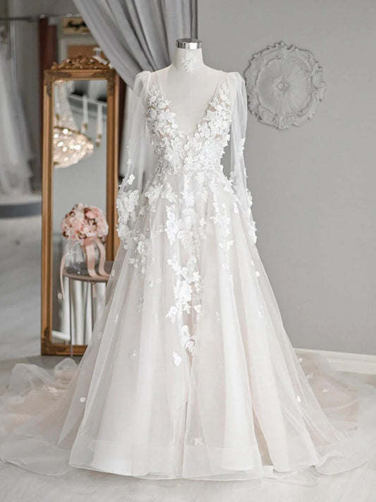 Beach V neck tulle lace long wedding dress