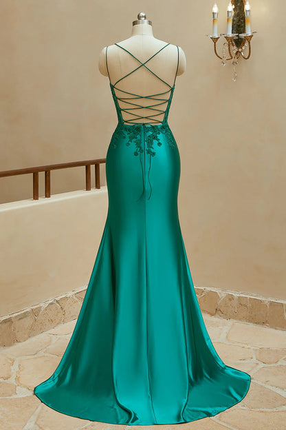 Mermaid Spaghetti Straps Satin Slit Prom Dresses