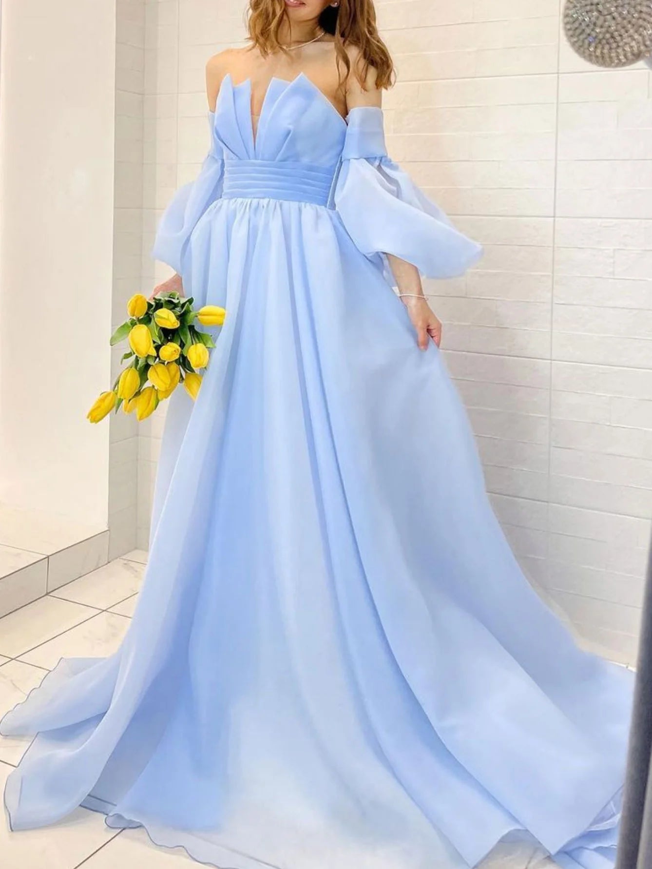 Aline Organza long prom dress puff sleeves