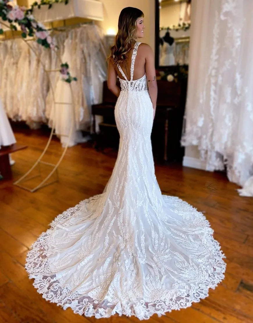 Mermaid Straps Train Lace Wedding Dress