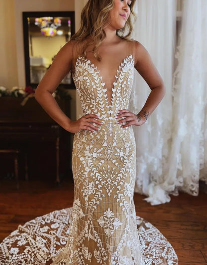 Mermaid Neck Lace Wedding Dress