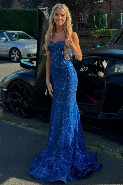 Mermaid Shiny Spaghetti Straps Long Beaded Light Blue Prom Dress