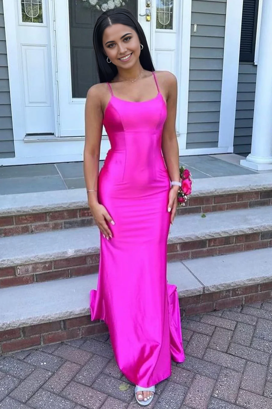 Mermaid Charming Scoop Neck Fuchsia Satin evening gown formal dresses Wedding Dresses prom dresses