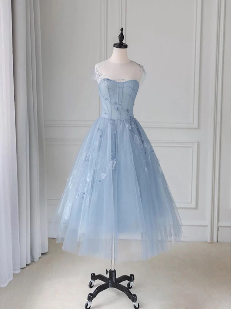 Round neck tulle short prom dress