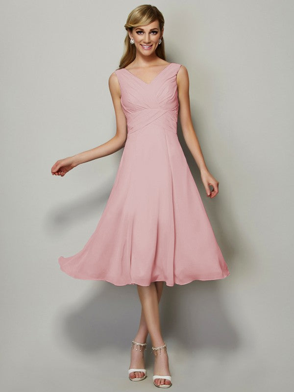 A-Line/Princess V-neck Sleeveless Pleats Short Chiffon Bridesmaid Dresses