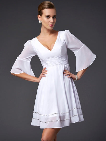 A-Line/Princess V-neck 1/2 Sleeves Beading Short Chiffon Bridesmaid Dresses