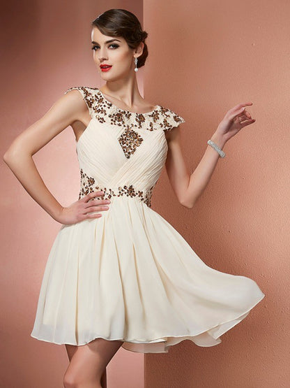 A-Line/Princess Scoop Sleeveless Beading Applique Short Chiffon Bridesmaid Dresses