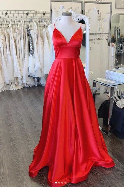 V neck satin long prom dress