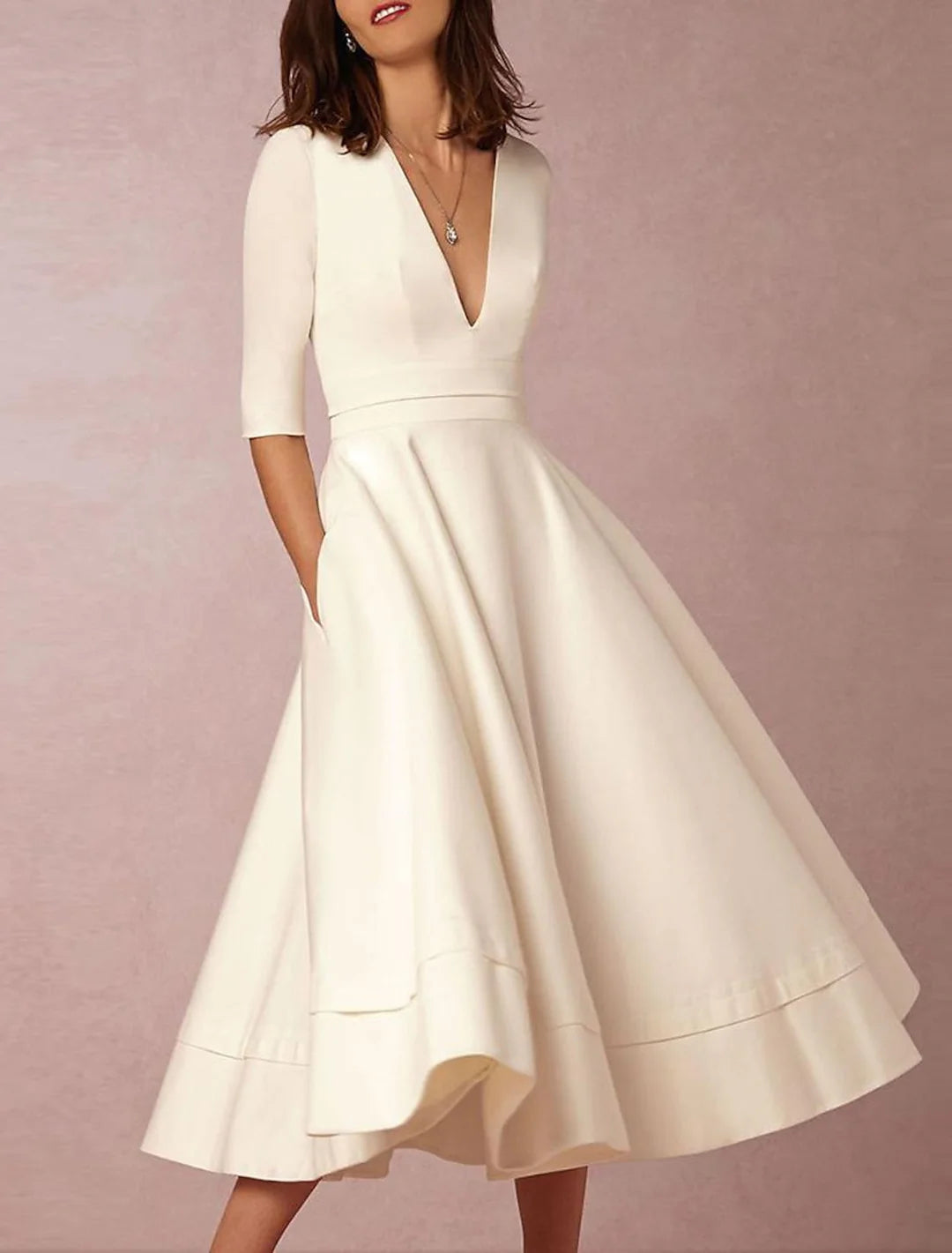 A-Line V-Neck Tea Length Wedding Dress