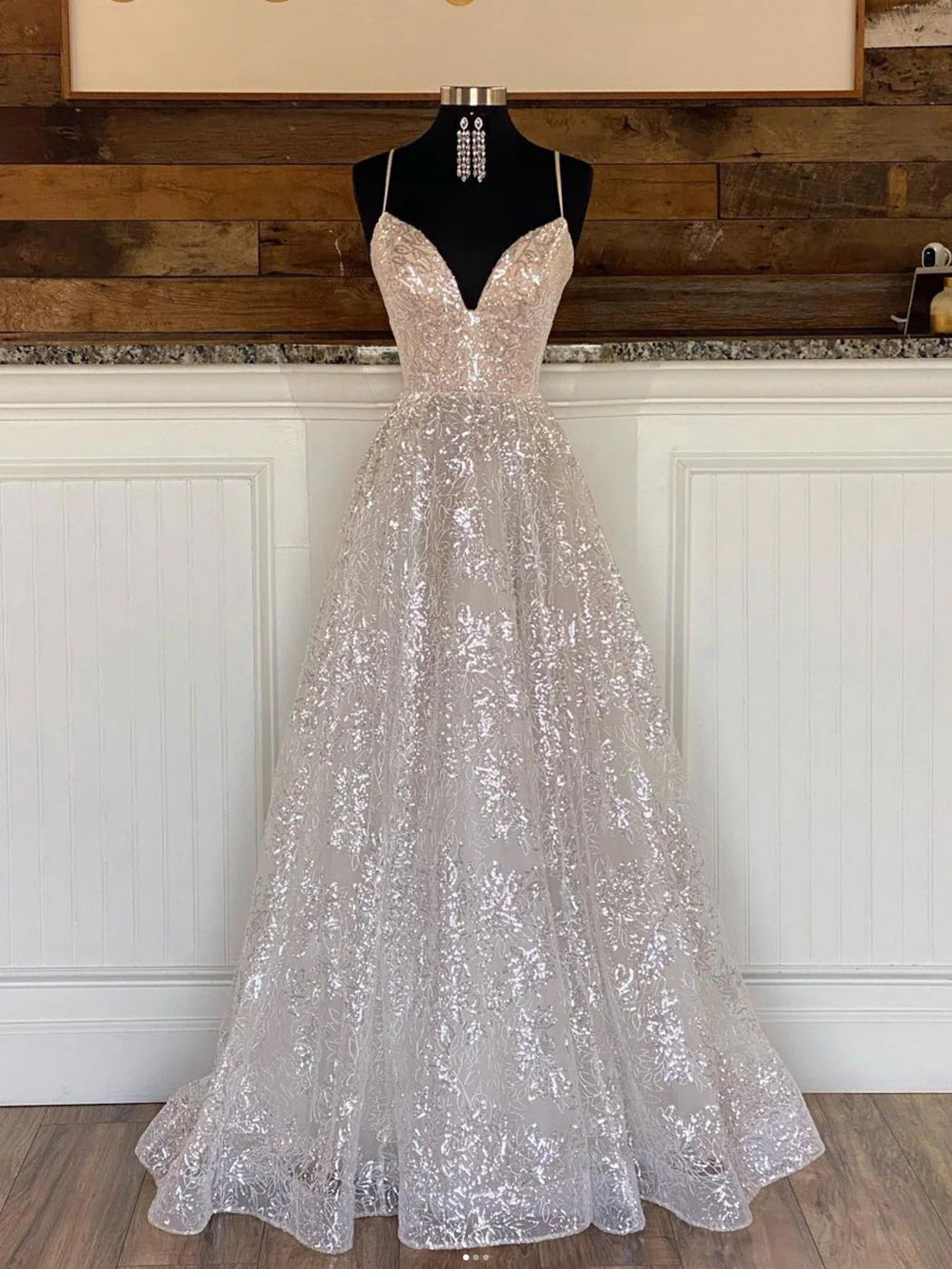 A line V neck sequin tulle long prom dress