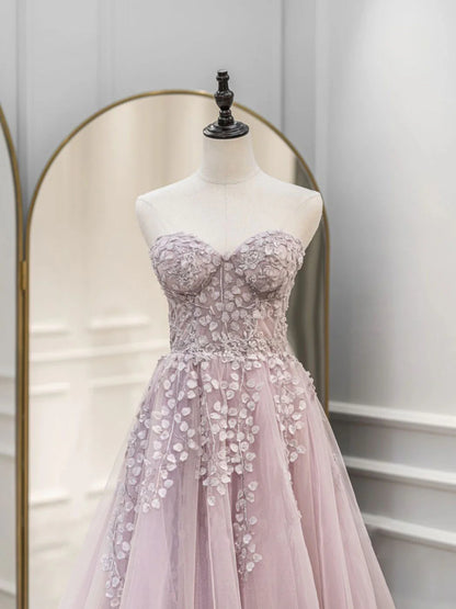 A-Line Sweetheart Neck Tulle Lace Long Prom Dress