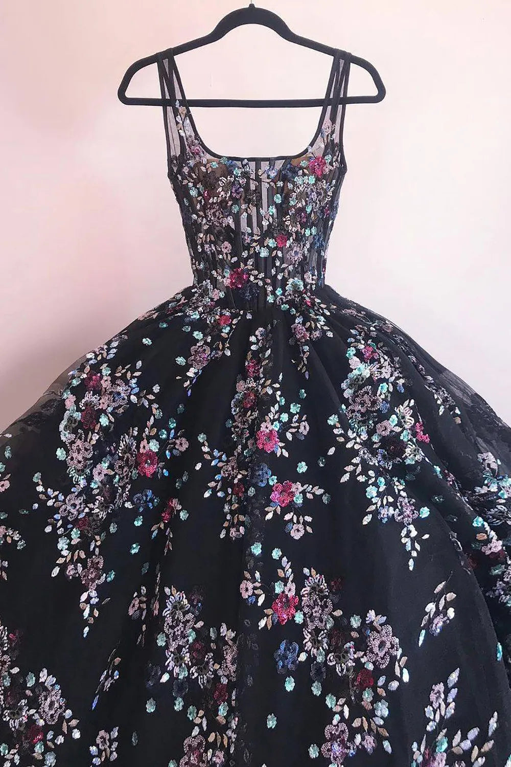 A Line Square Neck Corset Prom Dress with Embroidery