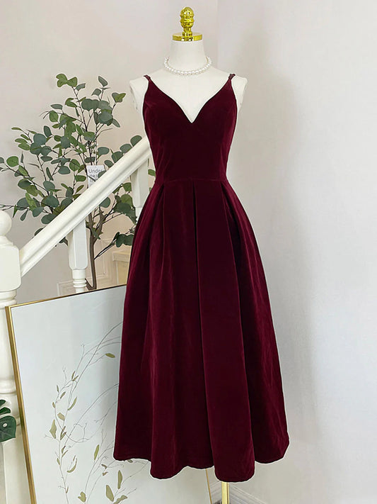 A-Line V Neck Velvet Tea Length Prom Dress