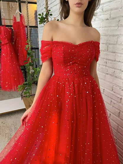 Simple tulle off shoulder long prom dress