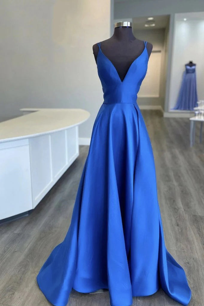 V neck satin long prom dress